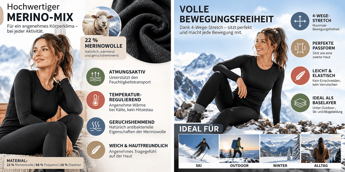 Gaubert Damen Thermounterwäsche Set Merino-Mix Schwarz M-2XL Ski Outdoor