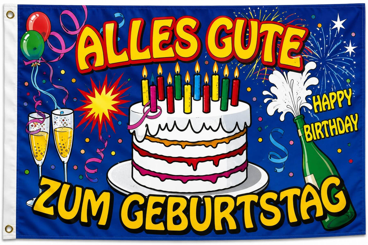 Flagge Alles Gute zum Geburtstag mit Torte 90x150 cm mit 2 Ösen