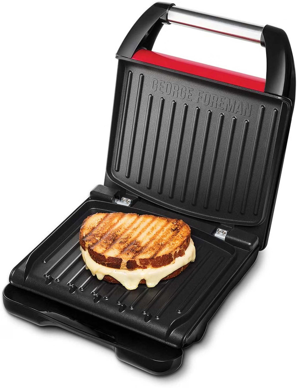 George Foreman Kontaktgrill geöffnet mit Sandwich darauf