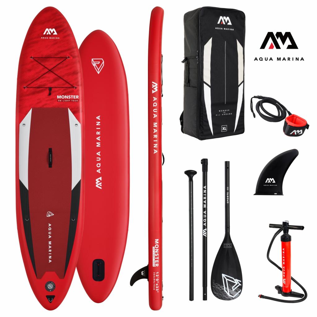 Aqua Marina All-Around SUP Board 366x84 cm mit Reißverschlussrucksack Double Action-Pumpe LIQUID AIR Paddel Einschub-Mittelfinne Sicherheitsleine Rot