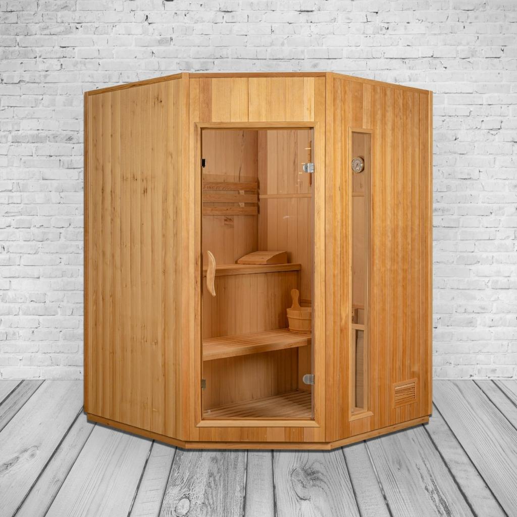 PureHaven Finnische Sauna 150x150x200 cm Harvia Saunaofen für 3 Personen Hemlockholz komplettes Zubehör Saunasteine Glastür Thermometer Beleuchtung