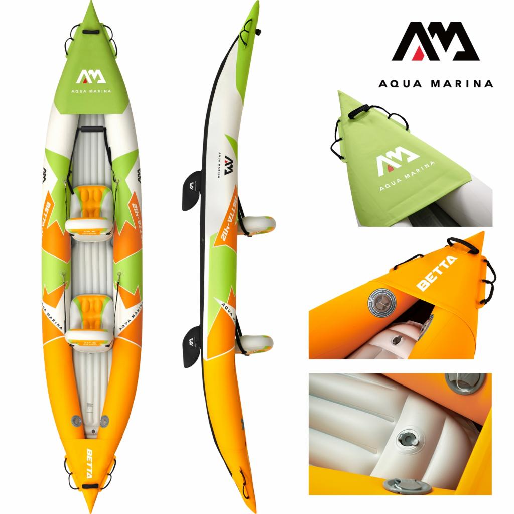 Aqua Marina Kajak 412x83 cm für 2 Personen mit Luftsitz verstellbarer Lehne Transporttasche Reparaturset Handpumpe strapazierfähig Grün/Weiß/Orange