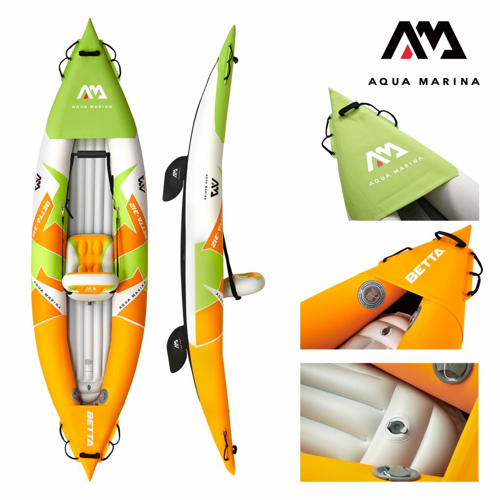 Aqua Marina Kajak 312x83 cm für 1 Person mit Luftsitz verstellbarer Lehne Transporttasche Reparaturset und Handpumpe strapazierfähig Grün-Weiß-Orange