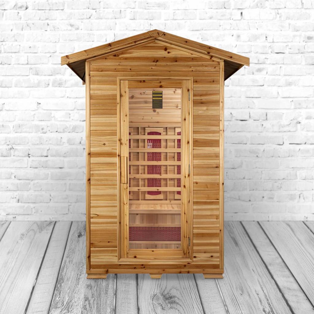 PureHaven Infrarotkabine 120x120x210 cm aus kanadischem Hemlock-Holz Bluetooth-Soundsystem Timer Lichttherapie in 4 Farben digitale Steuerung
