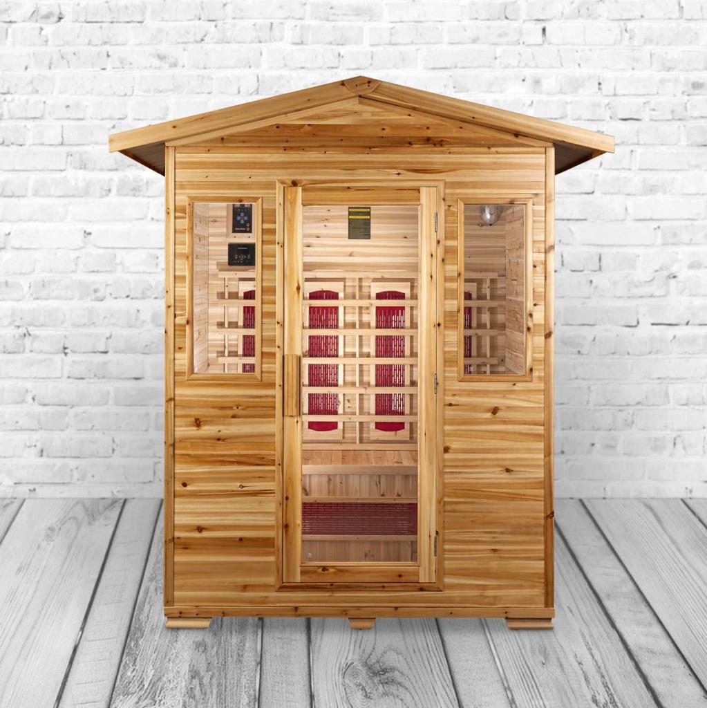 PureHaven Infrarotkabine 153x125x210 cm aus kanadischem Hemlock-Holz Bluetooth-Soundsystem Timer Lichttherapie in 4 Farben digitale Steuerung