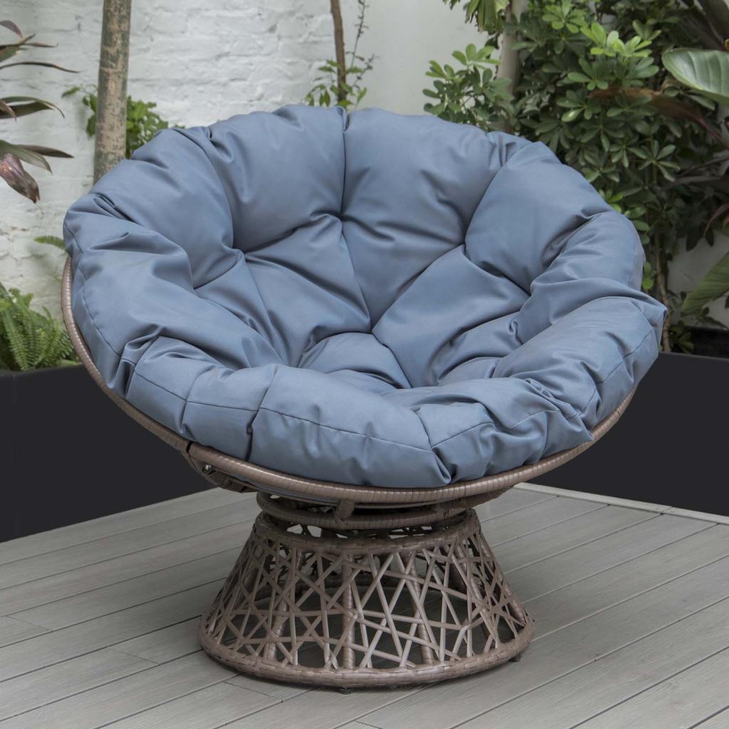 PureHaven Lounge Sessel 92x80x80,5 cm aus Rattan Rundkissen drehbar 360 Grad pflegeleicht elegantes Design verstellbare Kunststofffüßchen Braun/Blau