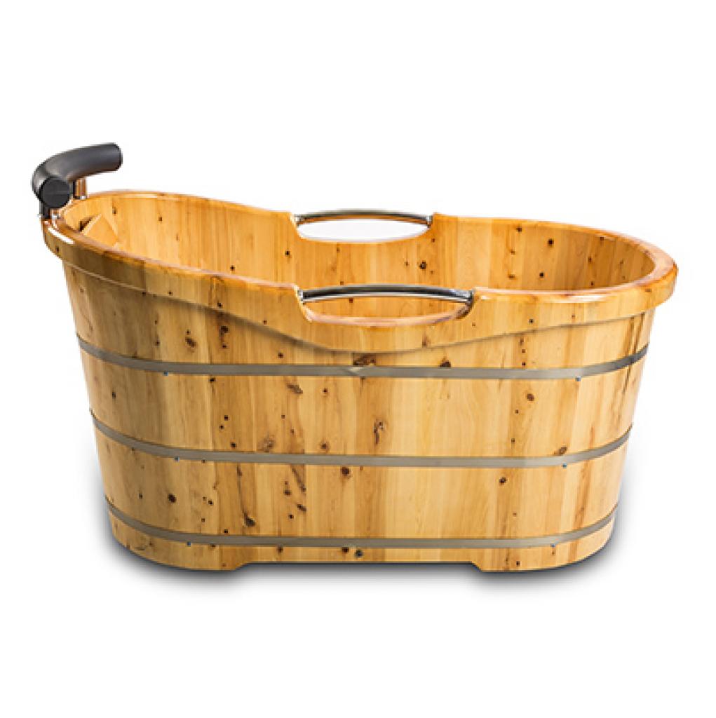PureHaven freistehende Holzbadewanne 150x67x82 cm aus Zedernholz 150 L ergonomische Formgebung pflegeleichte Oberfläche verstärkter Rahmen mit Ablauf
