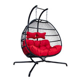 PureHaven Hängesessel für 2 Personen 130x120x200 cm Rattan-Kunststoffgeflecht mit Kissen wasserfest strapazierfähig gefederte Aufhängung rot/schwarz