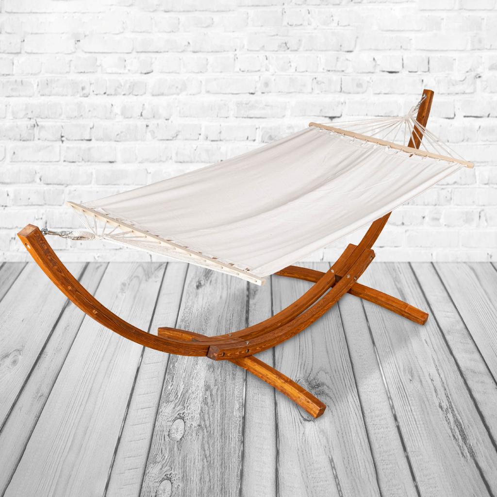PureHaven Hängematte 316x120x120cm Massivholz Baumwolle Garten Relaxliege Outdoor Holz-Gestell Lärche geölt Naturfaser bis 130kg belastbar