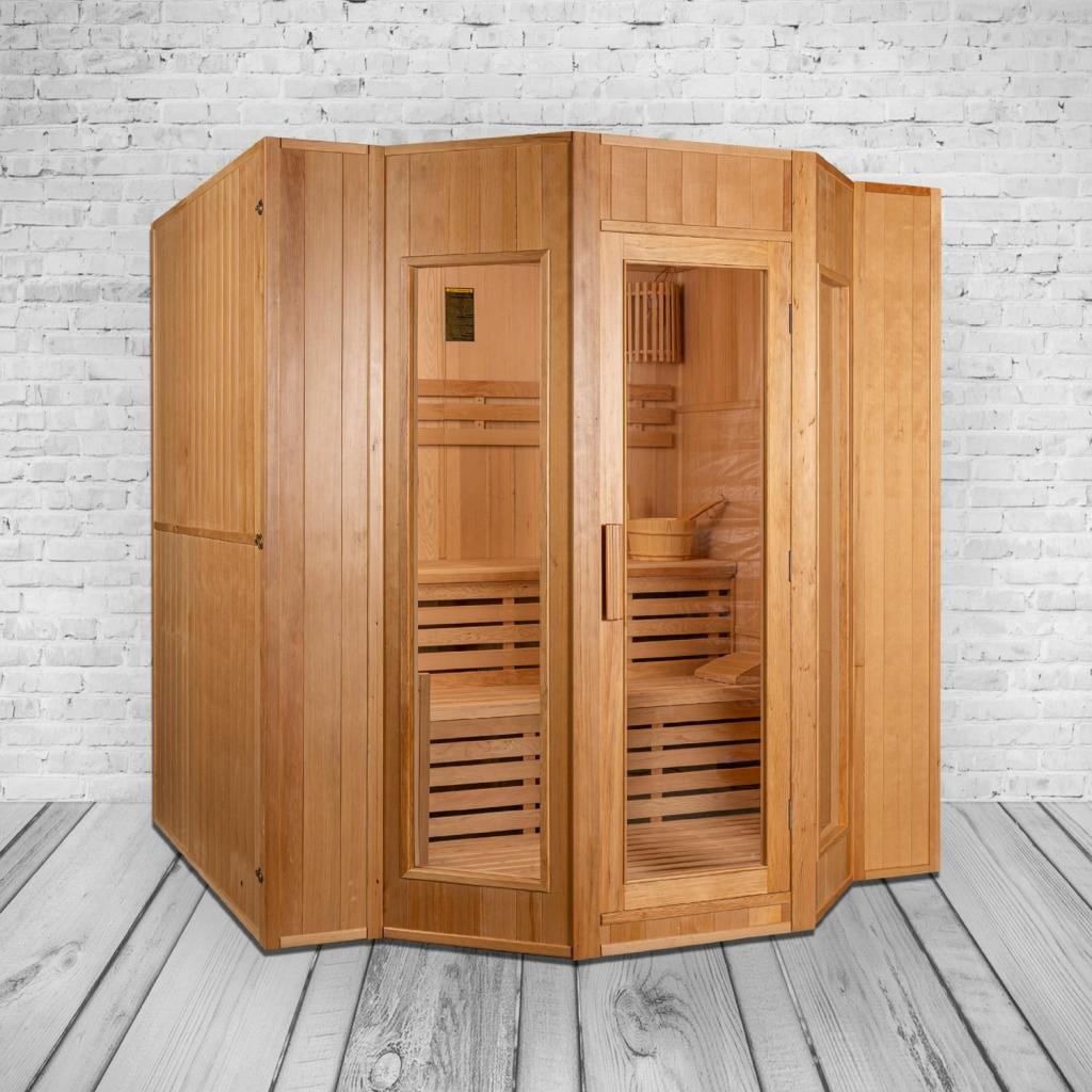 PureHaven Finnische Sauna 208x200x200 cm Harvia Saunaofen für 5 Personen Hemlockholz komplettes Zubehör Saunasteine Glastür Thermometer Beleuchtung