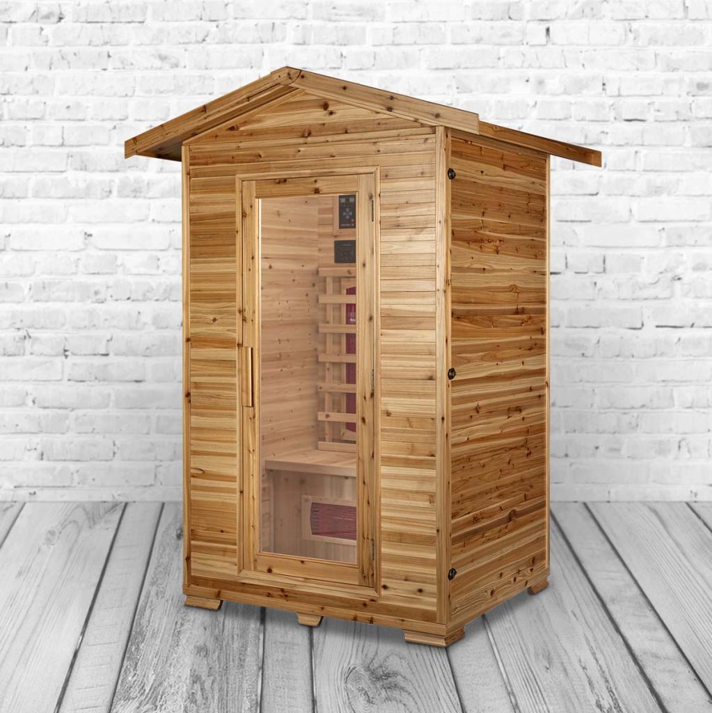 PureHaven Infrarotkabine 120x120x210 cm aus kanadischem Hemlock-Holz Bluetooth-Soundsystem Timer Lichttherapie in 4 Farben digitale Steuerung
