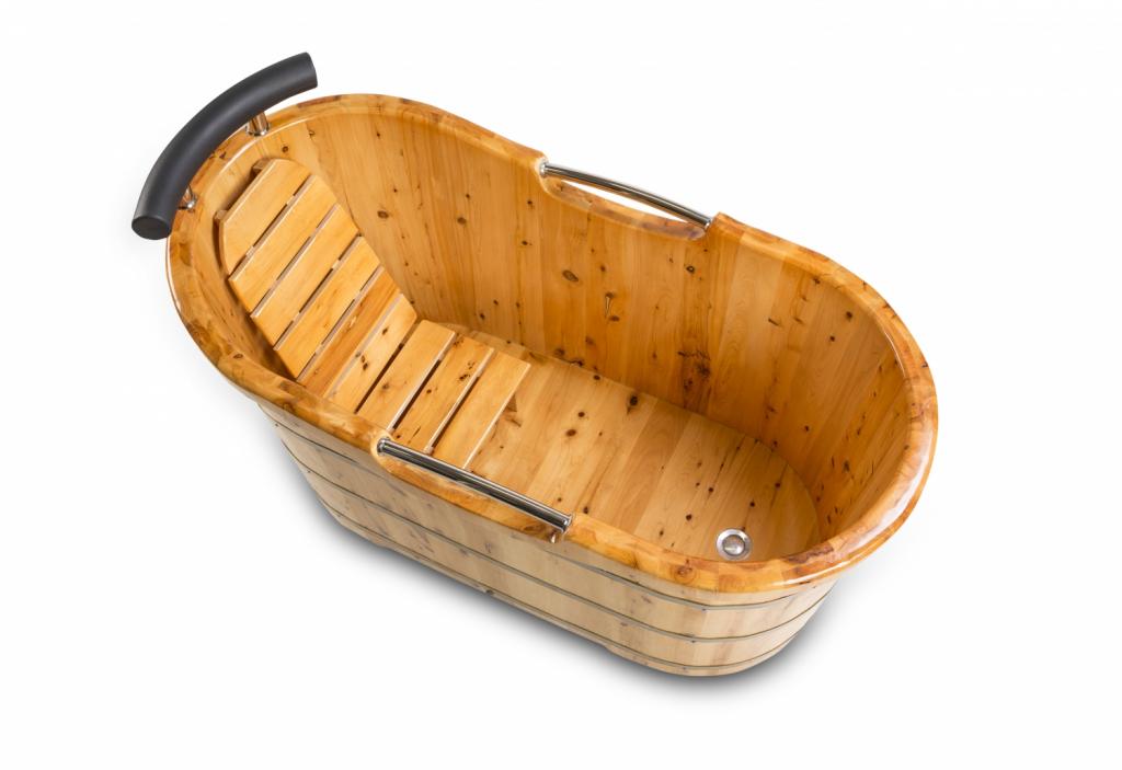 PureHaven freistehende Holzbadewanne 150x67x82 cm aus Zedernholz 150 L ergonomische Formgebung pflegeleichte Oberfläche verstärkter Rahmen mit Ablauf