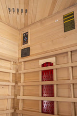 PureHaven Infrarotkabine 150x150x60x120x60 cm aus kanadischem Hemlock-Holz Bluetooth-Soundsystem Lichttherapie in 4 Farben digitale Steuerung