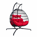 PureHaven Hängesessel für 2 Personen 130x120x200 cm Rattan-Kunststoffgeflecht mit Kissen wasserfest strapazierfähig gefederte Aufhängung rot/schwarz