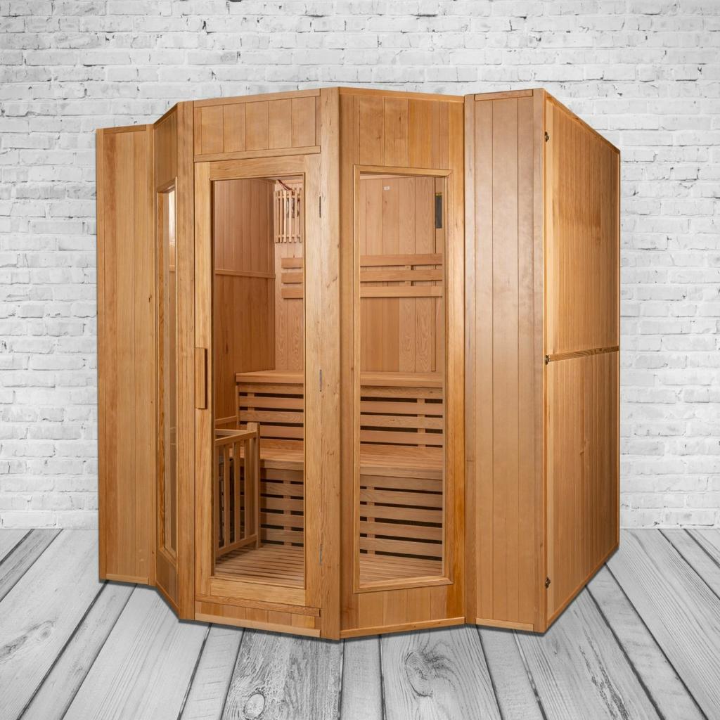 PureHaven Finnische Sauna 208x200x200 cm Harvia Saunaofen für 5 Personen Hemlockholz komplettes Zubehör Saunasteine Glastür Thermometer Beleuchtung