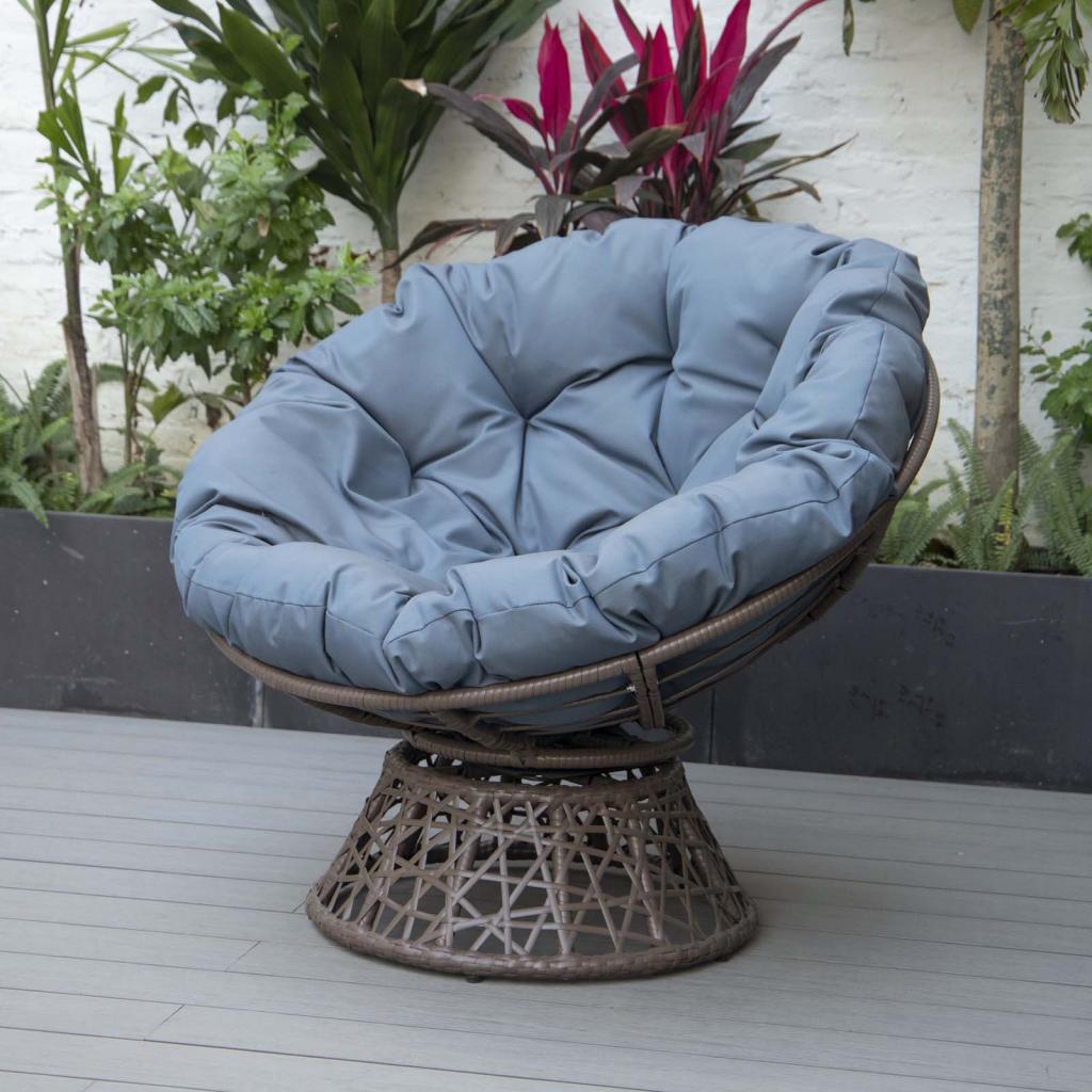 PureHaven Lounge Sessel 92x80x80,5 cm aus Rattan Rundkissen drehbar 360 Grad pflegeleicht elegantes Design verstellbare Kunststofffüßchen Braun/Blau