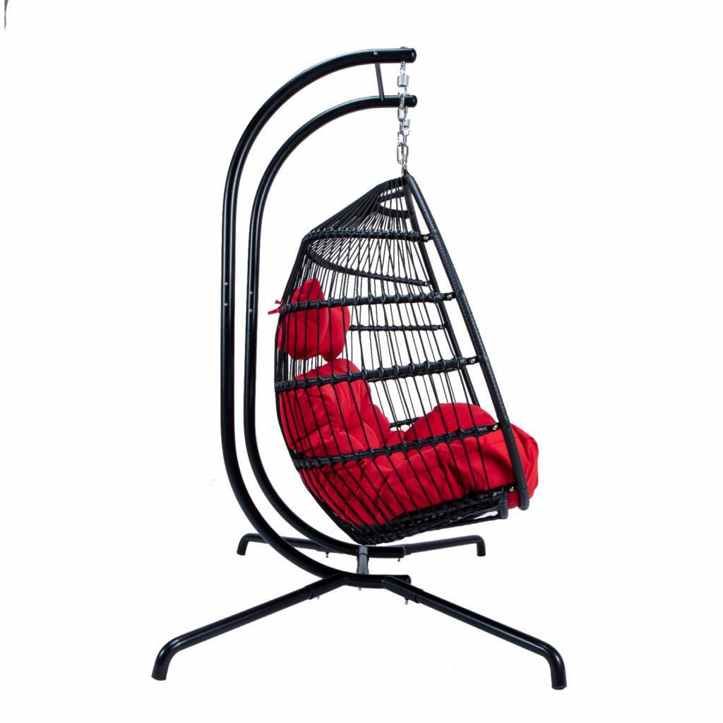 PureHaven Hängesessel für 2 Personen 130x120x200 cm Rattan-Kunststoffgeflecht mit Kissen wasserfest strapazierfähig gefederte Aufhängung rot/schwarz