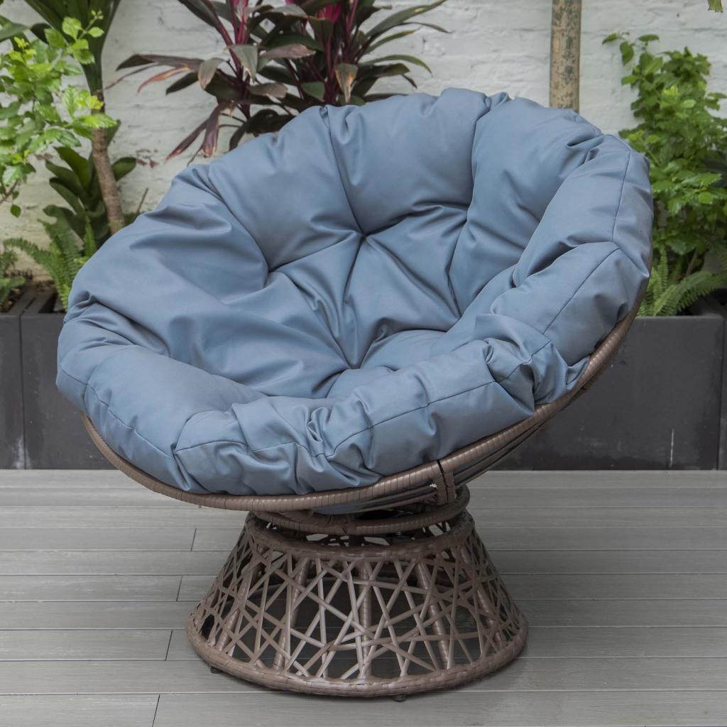 PureHaven Lounge Sessel 92x80x80,5 cm aus Rattan Rundkissen drehbar 360 Grad pflegeleicht elegantes Design verstellbare Kunststofffüßchen Braun/Blau