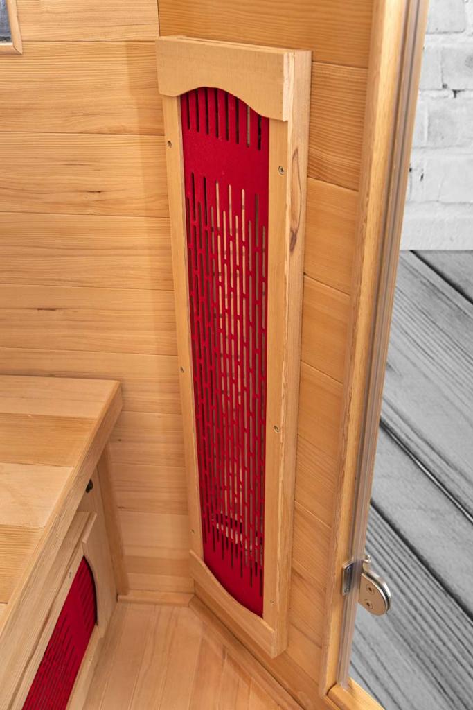 PureHaven Infrarotkabine 150x150x60x120x60 cm aus kanadischem Hemlock-Holz Bluetooth-Soundsystem Lichttherapie in 4 Farben digitale Steuerung