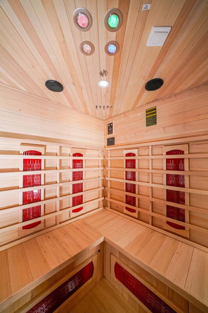 PureHaven Infrarotkabine 150x150x60x120x60 cm aus Hemlock Holz Bluetooth-Soundsystem Timer Lichttherapie in 4 Farben digitale Steuerung