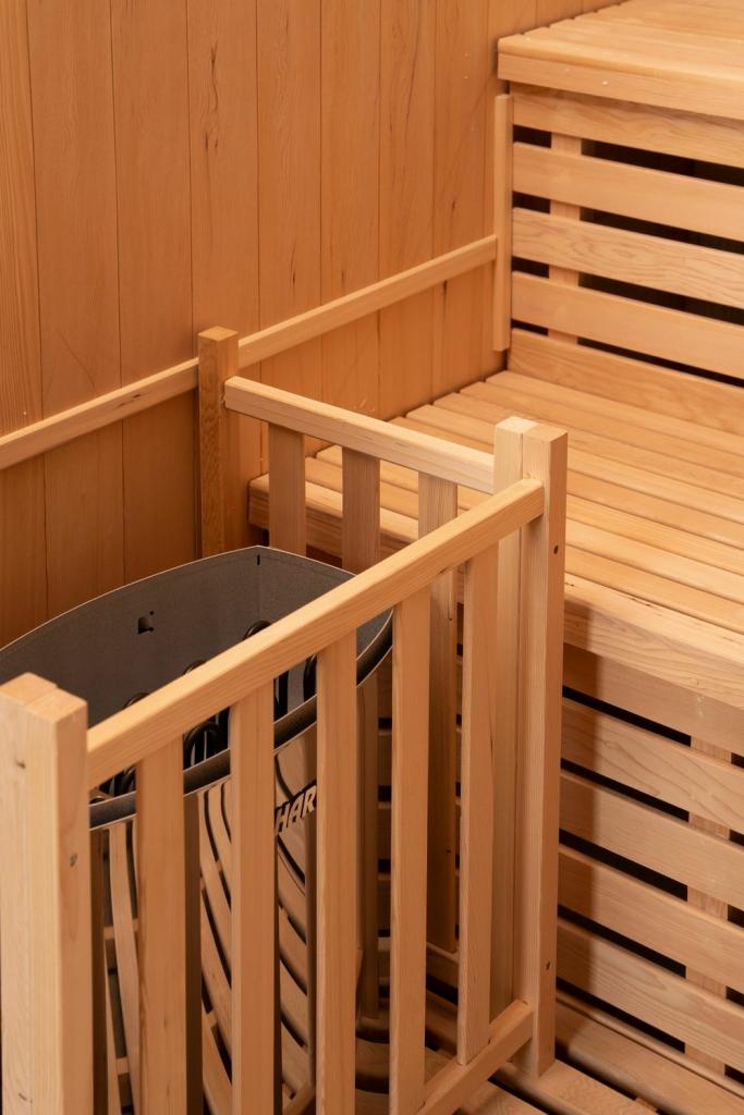 PureHaven Finnische Sauna 208x200x200 cm Harvia Saunaofen für 5 Personen Hemlockholz komplettes Zubehör Saunasteine Glastür Thermometer Beleuchtung