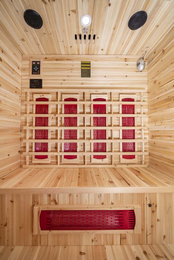 PureHaven Infrarotkabine 153x125x210 cm aus kanadischem Hemlock-Holz Bluetooth-Soundsystem Timer Lichttherapie in 4 Farben digitale Steuerung