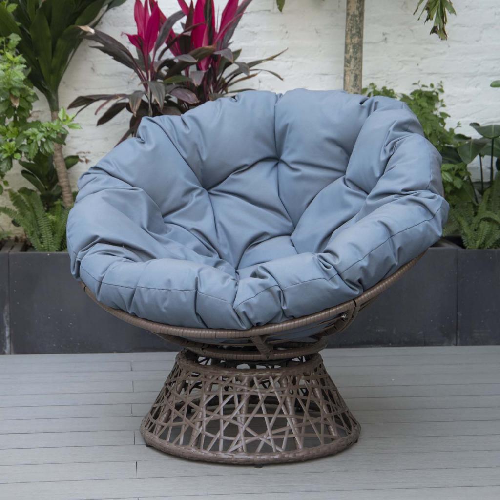 PureHaven Lounge Sessel 92x80x80,5 cm aus Rattan Rundkissen drehbar 360 Grad pflegeleicht elegantes Design verstellbare Kunststofffüßchen Braun/Blau