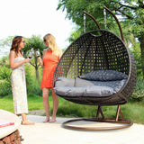 PureHaven Hängesessel für 2 Personen 145x120x202 cm Rattan-Kunststoffgeflecht mit Kissen wasserfest strapazierfähig gefederte Aufhängung braun/kupfer