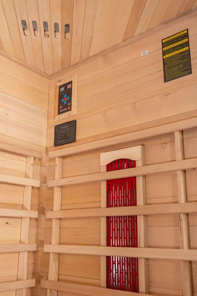PureHaven Infrarotkabine 150x150x60x120x60 cm aus Hemlock Holz Bluetooth-Soundsystem Timer Lichttherapie in 4 Farben digitale Steuerung