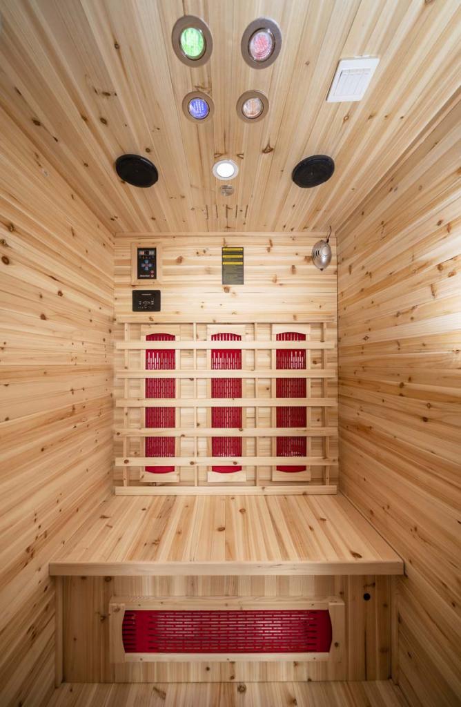 PureHaven Infrarotkabine 120x120x210 cm aus kanadischem Hemlock-Holz Bluetooth-Soundsystem Timer Lichttherapie in 4 Farben digitale Steuerung
