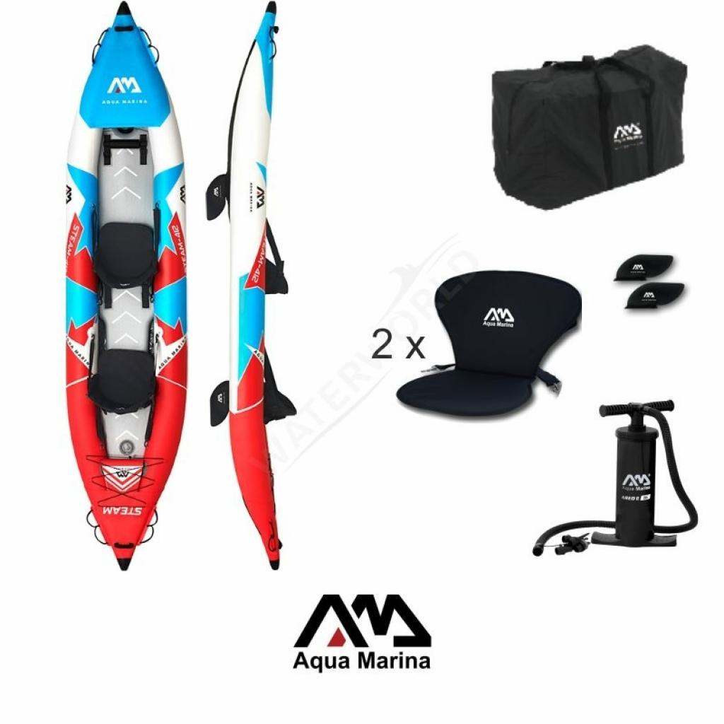 Aqua Marina Kajak 412x83 cm für 2 Personen mit Luftsitz verstellbarer Lehne Transporttasche Reparaturset und Handpumpe strapazierfähig Blau/Weiß/Rot
