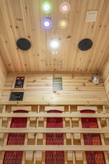 PureHaven Infrarotkabine 120x120x210 cm aus kanadischem Hemlock-Holz Bluetooth-Soundsystem Timer Lichttherapie in 4 Farben digitale Steuerung