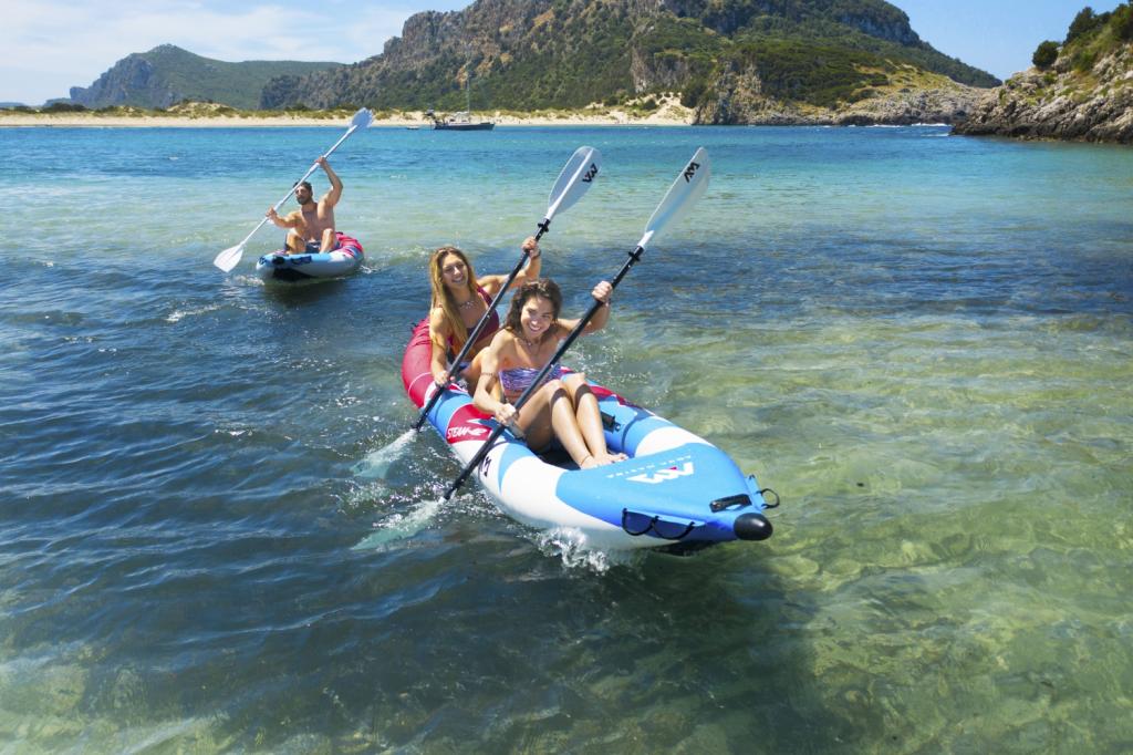 Aqua Marina Kajak 412x83 cm für 2 Personen mit Luftsitz verstellbarer Lehne Transporttasche Reparaturset und Handpumpe strapazierfähig Blau/Weiß/Rot