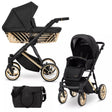 Kombikinderwagen in drei Ansichten: links Seitenansicht mit Babywanne, rechts Frontansicht mit Sportsitz, unten Vorderansicht eines passenden Rucksacks.
