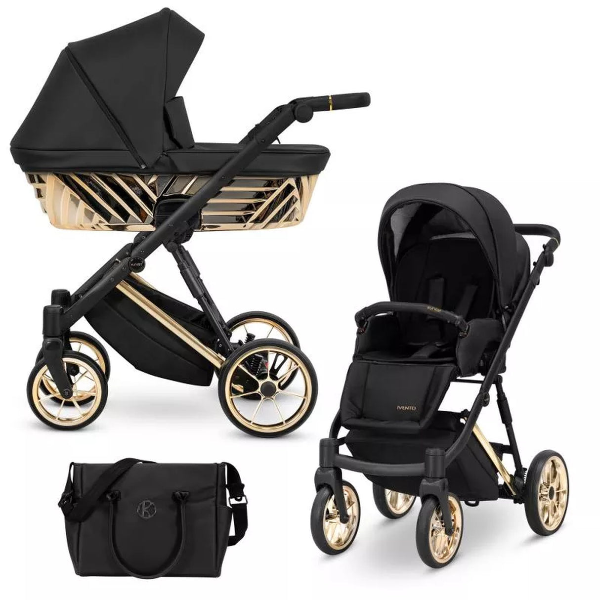 Kombikinderwagen in drei Ansichten: links Seitenansicht mit Babywanne, rechts Frontansicht mit Sportsitz, unten Vorderansicht eines passenden Rucksacks.