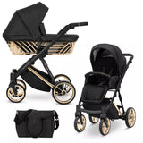 Kombikinderwagen in drei Ansichten: links Seitenansicht mit Babywanne, rechts Frontansicht mit Sportsitz, unten Vorderansicht eines passenden Rucksacks.