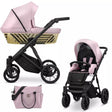 Kombikinderwagen in drei Ansichten: links Seitenansicht mit Babywanne, rechts Frontansicht mit Sportsitz, unten Vorderansicht eines passenden Rucksacks.
