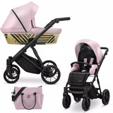 Kombikinderwagen in drei Ansichten: links Seitenansicht mit Babywanne, rechts Frontansicht mit Sportsitz, unten Vorderansicht eines passenden Rucksacks.