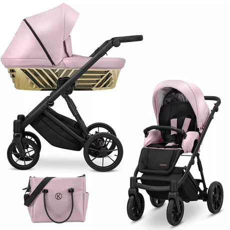 Kombikinderwagen in drei Ansichten: links Seitenansicht mit Babywanne, rechts Frontansicht mit Sportsitz, unten Vorderansicht eines passenden Rucksacks.