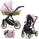 Kombikinderwagen in drei Ansichten: links Seitenansicht mit Babywanne, rechts Frontansicht mit Sportsitz, unten Vorderansicht eines passenden Rucksacks.