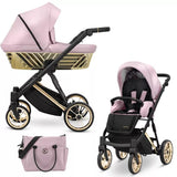 Kombikinderwagen in drei Ansichten: links Seitenansicht mit Babywanne, rechts Frontansicht mit Sportsitz, unten Vorderansicht eines passenden Rucksacks.