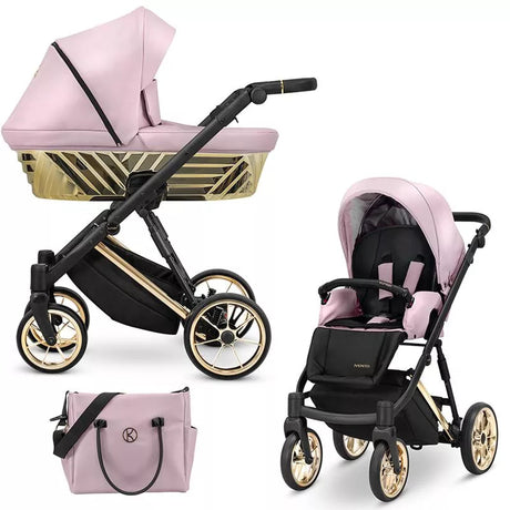 Kombikinderwagen in drei Ansichten: links Seitenansicht mit Babywanne, rechts Frontansicht mit Sportsitz, unten Vorderansicht eines passenden Rucksacks.