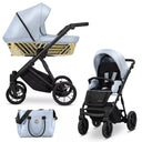 Kombikinderwagen in drei Ansichten: links Seitenansicht mit Babywanne, rechts Frontansicht mit Sportsitz, unten Vorderansicht eines passenden Rucksacks.