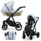 Kombikinderwagen in drei Ansichten: links Seitenansicht mit Babywanne, rechts Frontansicht mit Sportsitz, unten Vorderansicht eines passenden Rucksacks.