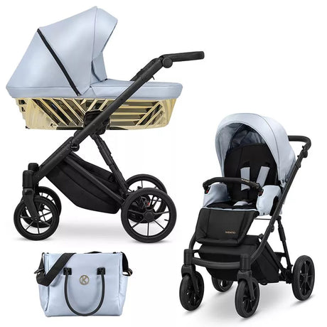 Kombikinderwagen in drei Ansichten: links Seitenansicht mit Babywanne, rechts Frontansicht mit Sportsitz, unten Vorderansicht eines passenden Rucksacks.