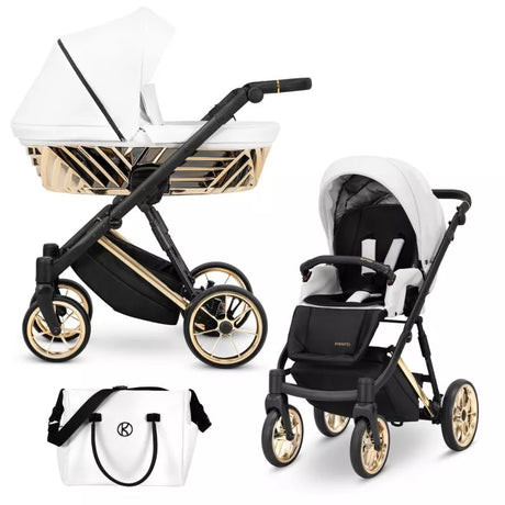 Kombikinderwagen in drei Ansichten: links Seitenansicht mit Babywanne, rechts Frontansicht mit Sportsitz, unten Vorderansicht eines passenden Rucksacks.