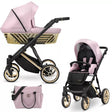 Kombikinderwagen in drei Ansichten: links Seitenansicht mit Babywanne, rechts Frontansicht mit Sportsitz, unten Vorderansicht eines passenden Rucksacks.