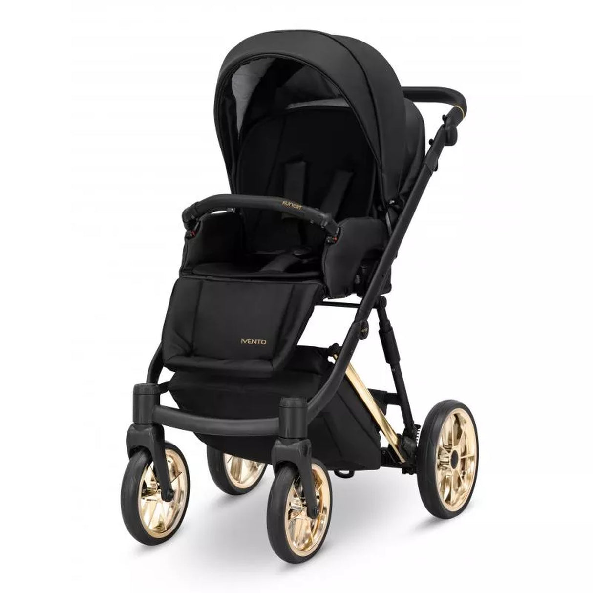 Kinderwagen in Seitenansicht, sichtbar mit Sonnenverdeck, Sicherheitsbügel, Vier-Rad-Fahrgestell und geräumigem Unterkorb.