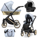 Kombikinderwagen in drei Ansichten: links Seitenansicht mit Babywanne, rechts Frontansicht mit Sportsitz, unten Vorderansicht eines passenden Rucksacks.