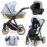 Kombikinderwagen in drei Ansichten: links Seitenansicht mit Babywanne, rechts Frontansicht mit Sportsitz, unten Vorderansicht eines passenden Rucksacks.